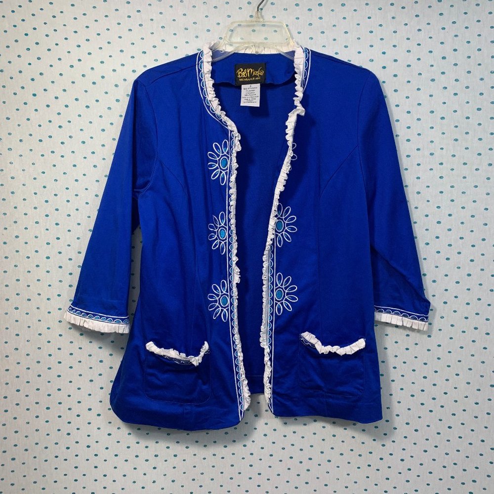 Bob Mackie Blue & White Embroidered Open Front Blazer Jacket